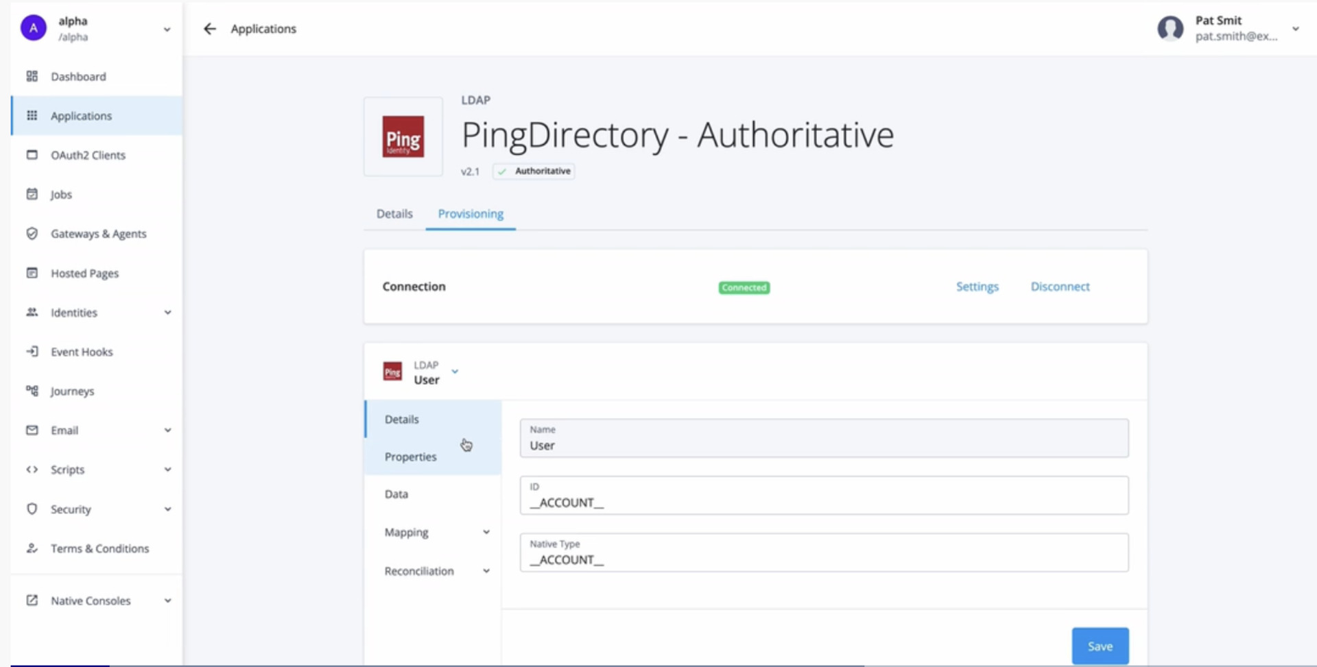 Ping Identity dashboard