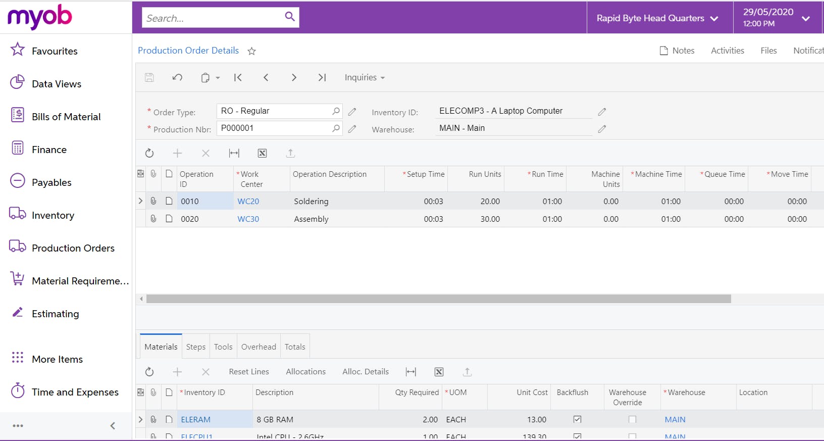 MYOB Advanced Manufacturing Screenshot 2